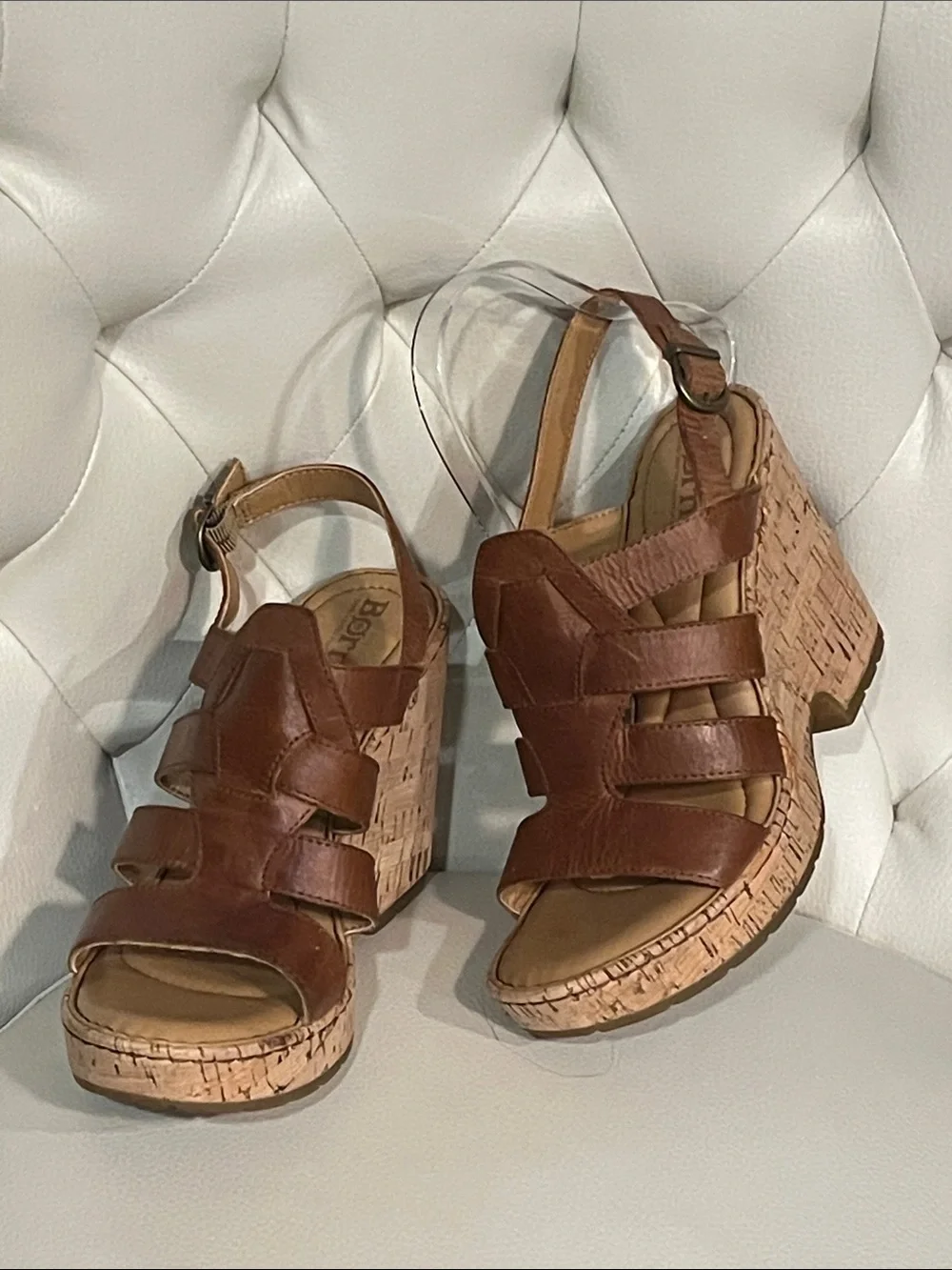 Born Brown Leather Cork Wedge Sandals